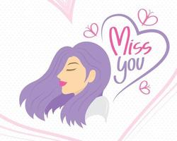 beautiful purple hair woman illustration with the handwriting phrase miss you in heart shape frame vector