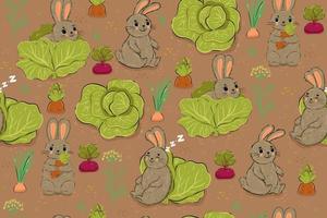 Seamless pattern of rabbits and vegetables in the garden. Vector graphics.