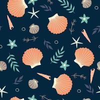 Seamless pattern with seashells, algae and starfish. Vector graphics.