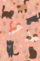 Seamless pattern of cute kittens and butterflies. Vector graphics.