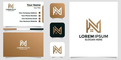 minimalist logo design N combination with house and branding card vector