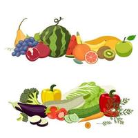 Two heaps of vegetables and fruits isolated on white background. Vector graphics.