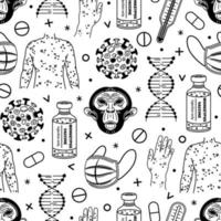 Monkeypox virus seamless vector pattern. Zoonotic infection symbol - pathogen, monkey, vaccine, mask, DNA, skin with rash, pills. Viral disease, black and white outline. Background for web, print