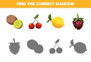 Education game for children find the correct shadow set of cartoon fruits kiwi cherry lemon dewberries vector