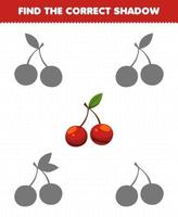 juego educativo para niños encuentra el juego de sombras correcto de cereza de fruta de dibujos animados vector