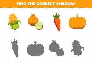 Education game for children find the correct shadow set of cartoon yellow vegetables corn onion carrot pumpkin vector