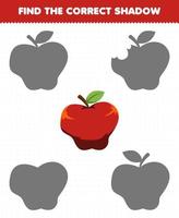 juego educativo para niños encuentra el juego de sombras correcto de manzana de fruta de dibujos animados vector