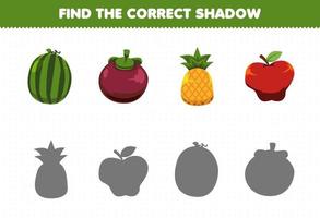 juego educativo para niños encontrar la sombra correcta conjunto de frutas de dibujos animados sandía mangostán piña manzana vector