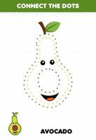 juego educativo para niños conecta la práctica de escritura a mano de puntos con un personaje de aguacate de fruta de dibujos animados lindo vector