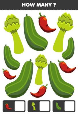 Education game for children searching and counting activity for preschool how many cartoon vegetables asparagus cucumber chilli