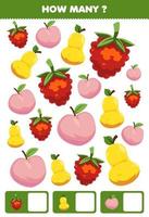 Education game for children searching and counting activity for preschool how many cartoon fruits peach pear raspberries vector