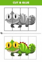 Education game for children cut and glue with cute cartoon animal iguana vector