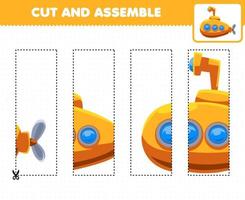 Education game for children cutting practice and assemble puzzle with cartoon transportation submarine vector