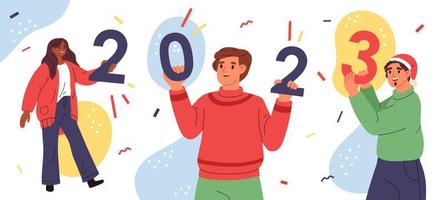 Happy people in christmas clothes holding 2023 New Year numbers. Team celebrate New Year and Christmas. Friends celebrate winter holiday and congratulate us with new year. Flat vector illustration