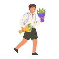 Cute boy run to school. Schoolboy go to primary school. Flat vector illustration