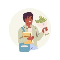 School boy portrait. Aframerican kid with book and flowers in hands. Smart schoolboy holding textbook. Primary pupil. Flat vector illustration