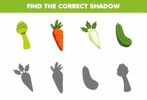 Education game for children find the correct shadow set of cartoon vegetables asparagus carrot daikon cucumber vector