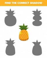 juego educativo para niños encuentra el juego de sombras correcto de piña de fruta de dibujos animados vector