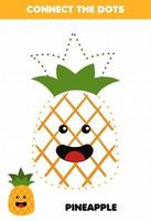 juego educativo para niños conecta la práctica de escritura de puntos con un lindo personaje de piña de fruta de dibujos animados vector