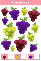 Education game for children searching and counting activity for preschool how many cartoon fruits grape vector