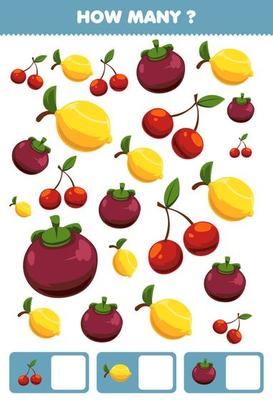 Education game for children searching and counting activity for preschool how many cartoon fruits cherry lemon mangosteen