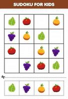 juego educativo para niños sudoku para niños con dibujos animados de frutas y verduras col rizada tomate naranja imagen de uva vector