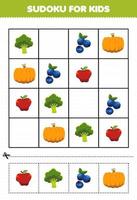 Education game for children sudoku for kids with cartoon fruits and vegetables broccoli blueberries pumpkin apple picture vector