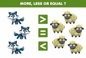 juego educativo para niños más menos o igual contar la cantidad de lindos animales de dibujos animados lobo y oveja vector