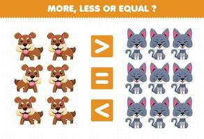 Education game for children more less or equal count the amount of cute cartoon animal dog and cat vector