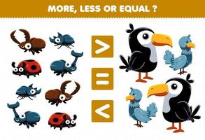 Education game for children more less or equal count the amount of cute cartoon animal bug beetle ladybug toucan dove bird vector