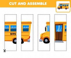 Education game for children cutting practice and assemble puzzle with cartoon transportation bus vector