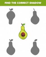 Education game for children find the correct shadow set of cartoon fruit avocado vector