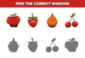 juego educativo para niños encontrar la sombra correcta conjunto de dibujos animados frutas rojas manzana frambuesas cereza fruta del dragón vector