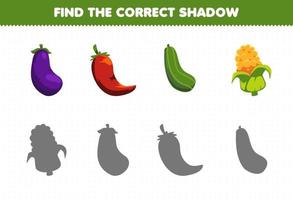 Education game for children find the correct shadow set of cartoon vegetables eggplant chilli cucumber corn vector