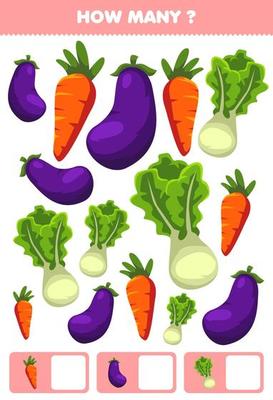 Education game for children searching and counting activity for preschool how many cartoon vegetables eggplant carrot lettuce