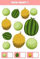 juego educativo para niños buscando y contando actividad para preescolar cuántas frutas de dibujos animados melón sandía durian vector