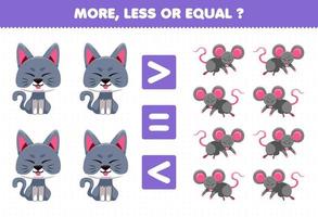 juego educativo para niños más menos o igual contar la cantidad de lindos animales de dibujos animados gato y ratón vector