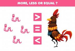 Education game for children more less or equal count the amount of cute cartoon animal worm and chicken vector