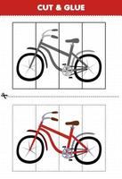 juego educativo para niños cortado y pegado con bicicleta de transporte de dibujos animados vector