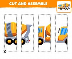 Education game for children cutting practice and assemble puzzle with cartoon transportation concentrate mixer truck vector