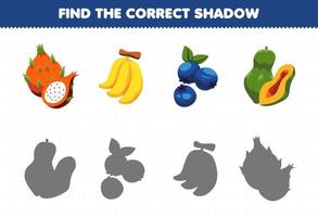 juego educativo para niños encuentra la sombra correcta conjunto de frutas de dibujos animados plátano arándano papaya fruta del dragón vector