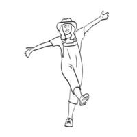 line art full length of farmer girl spreading her arms illustration vector hand drawn isolated on white background