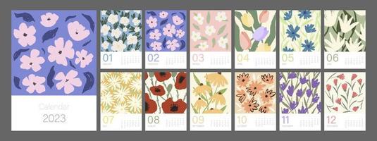 plantilla de calendario floral para 2023. diseño vertical con flores y hojas de colores brillantes. plantilla de página de ilustración editable a4, a3, conjunto de 12 meses con portada. malla vectorial semana comienza el domingo. vector