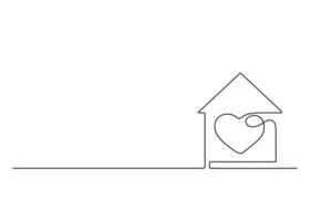 House outline with heart inside, copy space, residential building continuous one art line drawing. Love, family in home. Single contour construction house. Care and safe of home, building. Vector