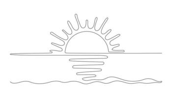 Sun on sea beach one black continuous line, sunset and sunrise outline. Nature landscape with sunshine on coast. One line drawing. Vector illustration