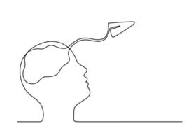 Mind and plane outline, idea in brain head of human, motion to target on airplane, continuous single one line drawing. Paper plane flying up. Power think, startup business, success. Vector