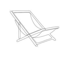 Folding chair for summer holiday, continuous one line drawing. Beach chaise longue. Summertime relax on deck chair on coast of sea. Relaxation equipment. Vector outline