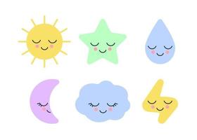 Set of sleepy nature weather with cute face toy sun, moon month, star, cloud, drop and lightning for baby design. Elements for childish fabric, print sign, card. Kids sleep. Vector illustration