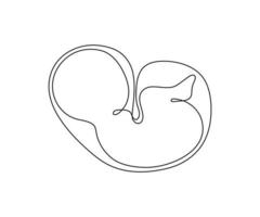 Baby embryo in womb, one art line continuous drawing. Silhouette cute unborn fetus child on mother womb in minimalism single outline draw. Little kid is lies on stomach. Vector illustration