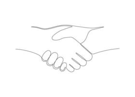 Handshake, help of hand, one art line continuous. Hand shake team together. Man or woman communication, business agreement, partnership. Sign contract, peace. Vector outline